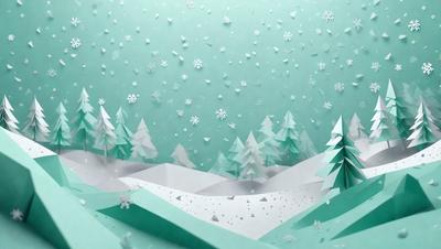 The primary subject of the image is a snowy landscape with trees and a mountain. The setting is a winter scene with snow falling and a blue sky in the background. The visual style is a combination of digital art and illustration, creating a realistic and captivating representation of the snowy environment. The colors and mood of the image are predominantly blue and white, giving it a serene and tranquil atmosphere.